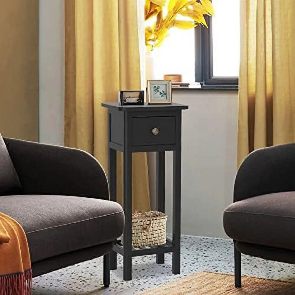 Narrow Acacia Wood Side Table with Drawer Q74815