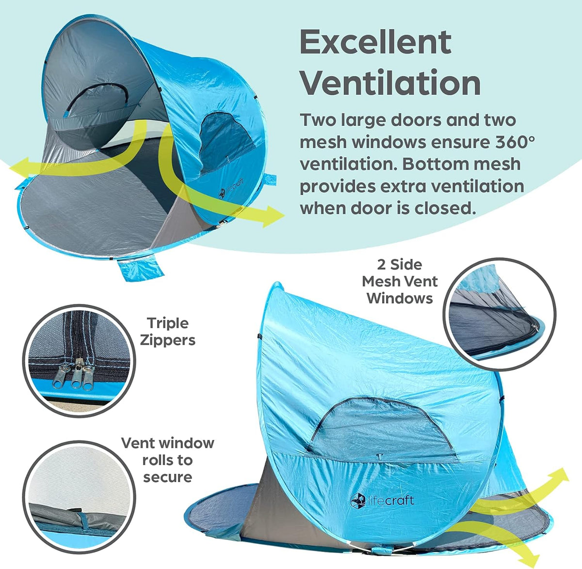 Blue Pop Up Beach Tent 3 4 Person Sun Shelter with UPF 50+ UV Protection R6356