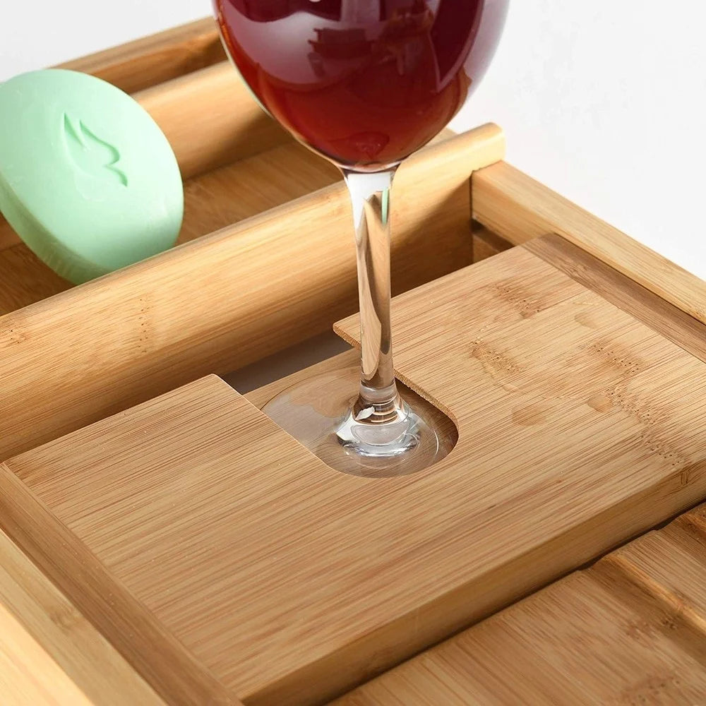 Wooden Bathtub Tray Caddy with Wine Glass Slot, Phone Tray, Book Holder, Candle Slot, Non-Slip, Bamboo, Body Brush O3443