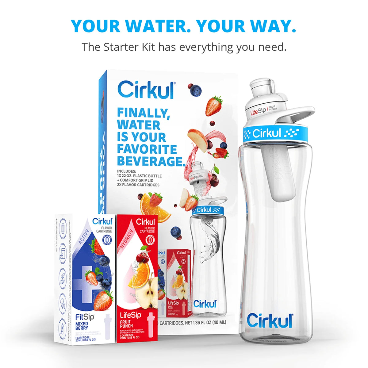 22oz Plastic Water Bottle Starter Kit with Blue Lid and 2 Flavor Cartridges H404658