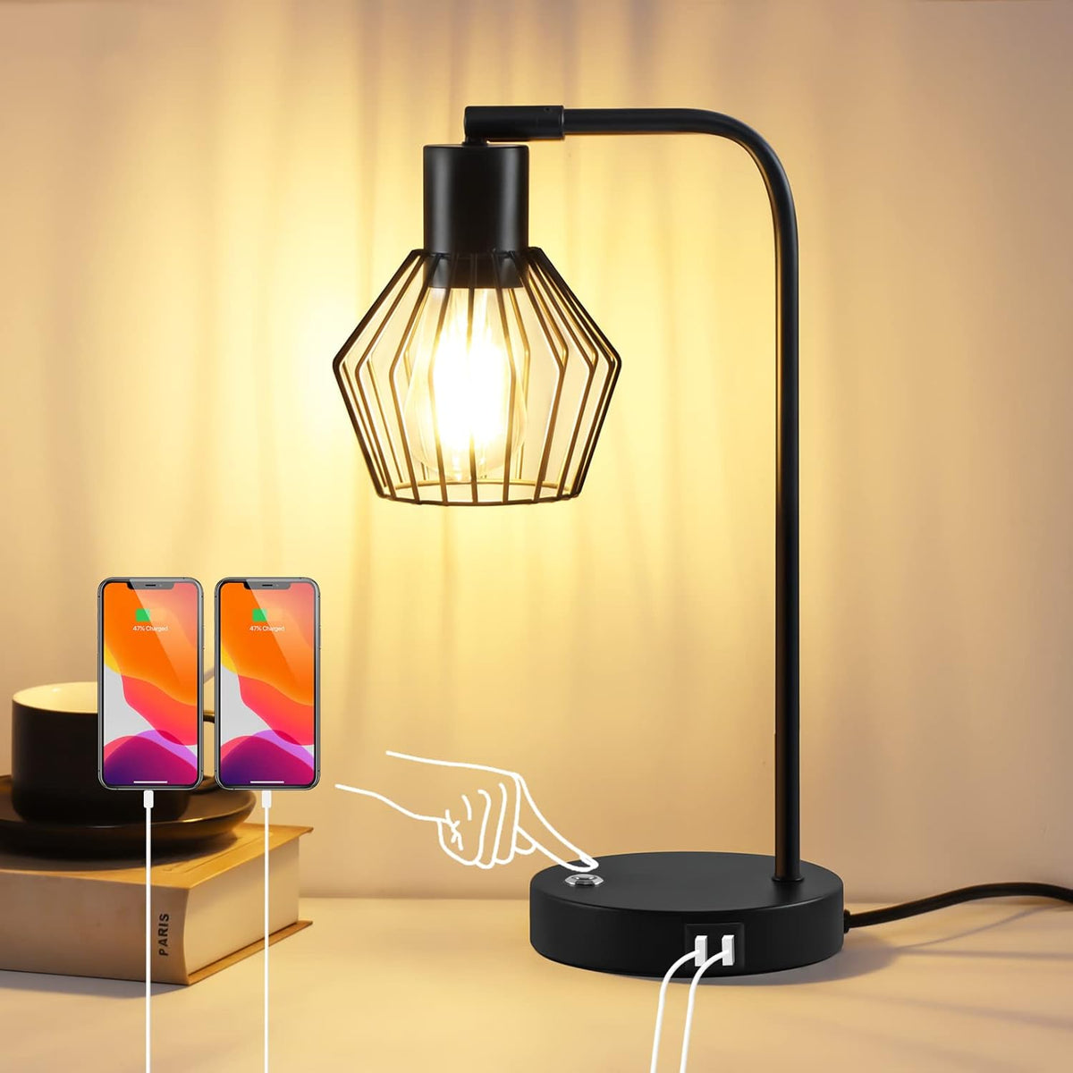 3-Way Dimmable Touch Control Table Lamp with Dual USB Ports, Black Metal Wire Cage, LED Bulb Included Q658
