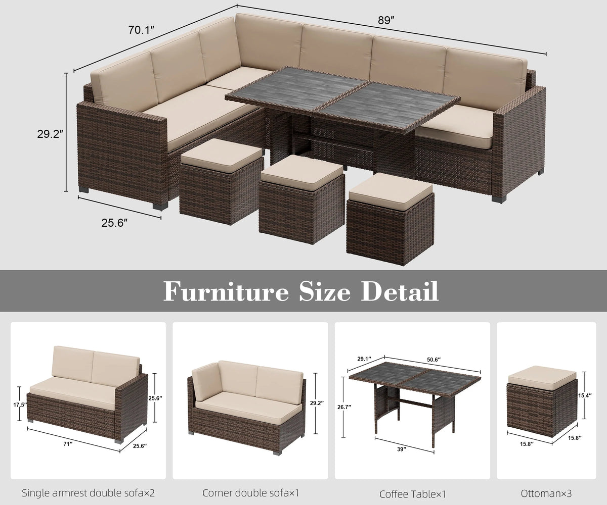 7 Piece PE Rattan Patio Sectional Sofa with Beige Cushions and Table A871