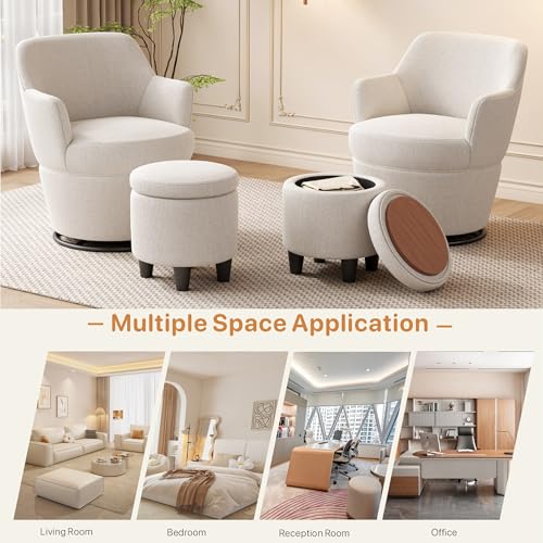 Beige Cotton Linen Upholstered Swivel Chair with Storage Ottoman M850053