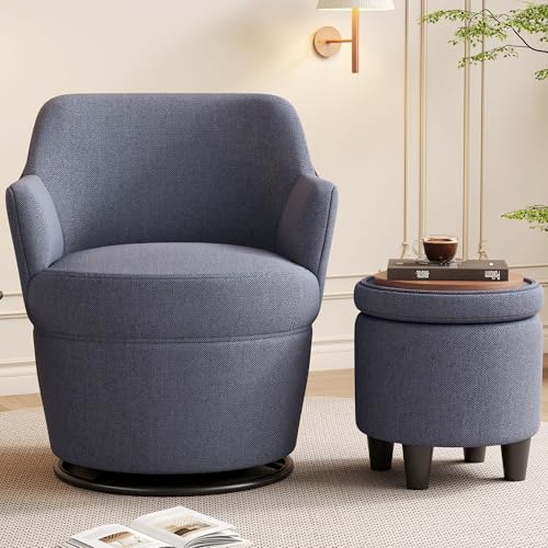 Beige Cotton Linen Upholstered Swivel Chair with Storage Ottoman M850053