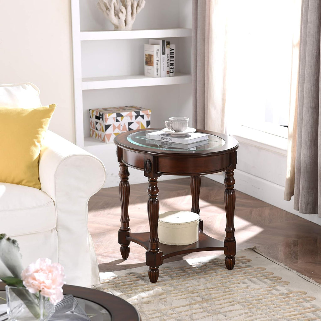 Solid Wood End Table with Tempered Glass and Storage Shelf Y34930