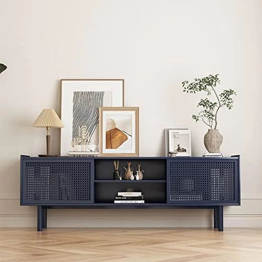 TV Stand for TVs Up to 70 Inch Iron Rattan Cabinet with Sliding Barn Door M1403