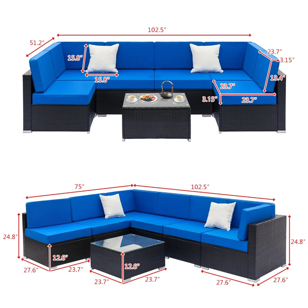 Blue and Black PE Rattan Patio Sectional Set with Table G580