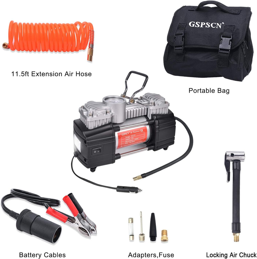 Portable Tire Inflator Double Cylinder Air Compressor Pump with LED Light, 150 PSI Metal Tire Pump with Locking Air Chuck B13003