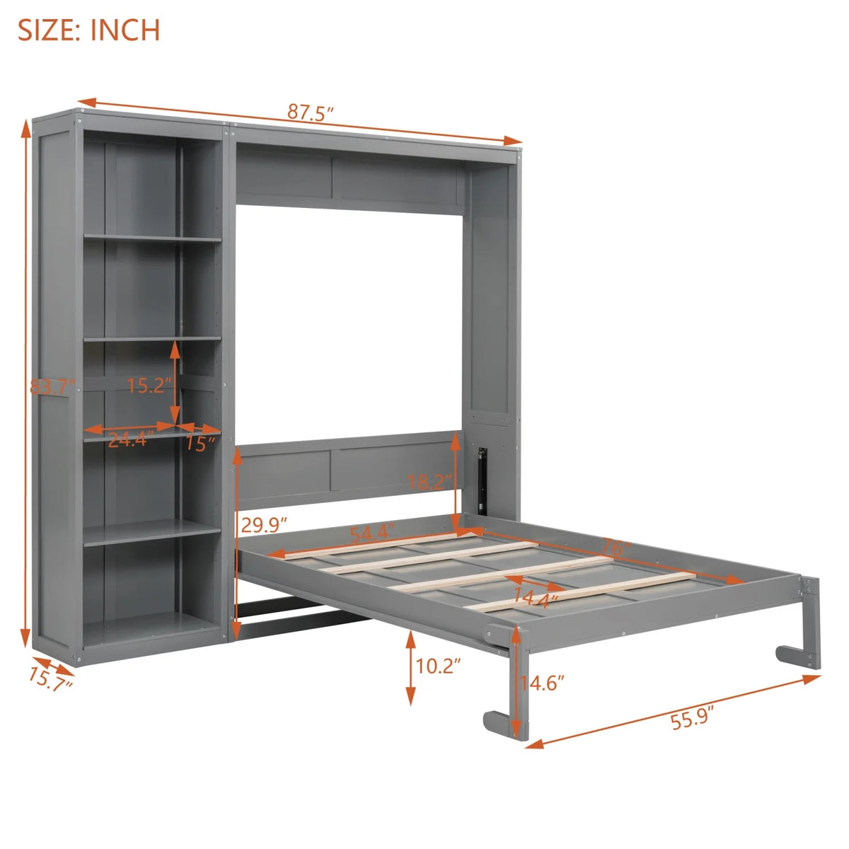 Full Size Gray Murphy Bed with Side Bookshelf C9118
