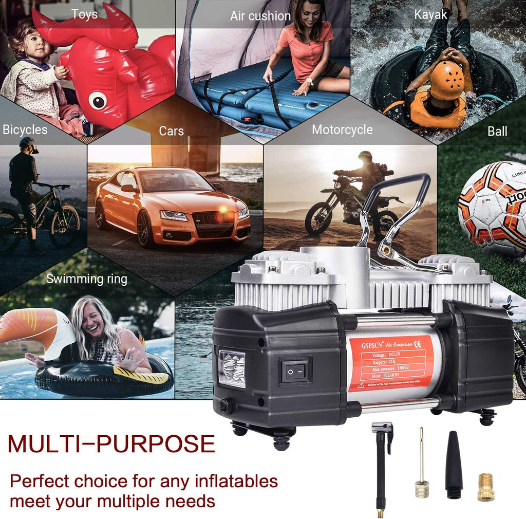 Portable Tire Inflator Double Cylinder Air Compressor Pump with LED Light, 150 PSI Metal Tire Pump with Locking Air Chuck B13003