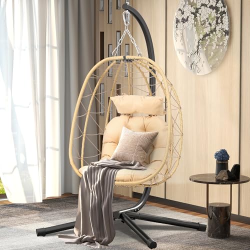 Egg Swing Chair with Stand Wicker Egg Chair with Cushions Beige F315864