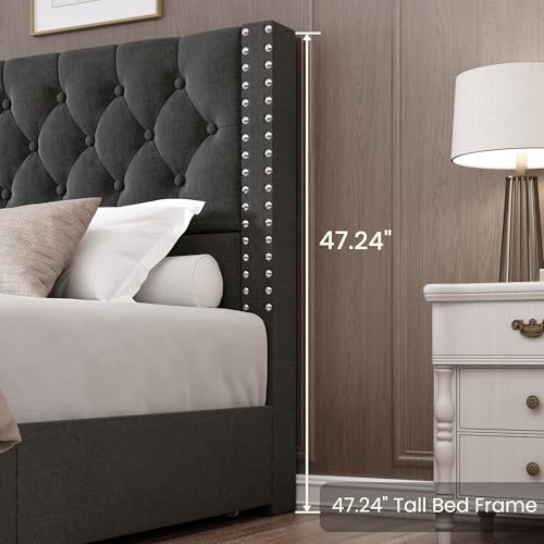 King Size Linen Upholstered Bed Frame with 4 Storage Drawers F53934