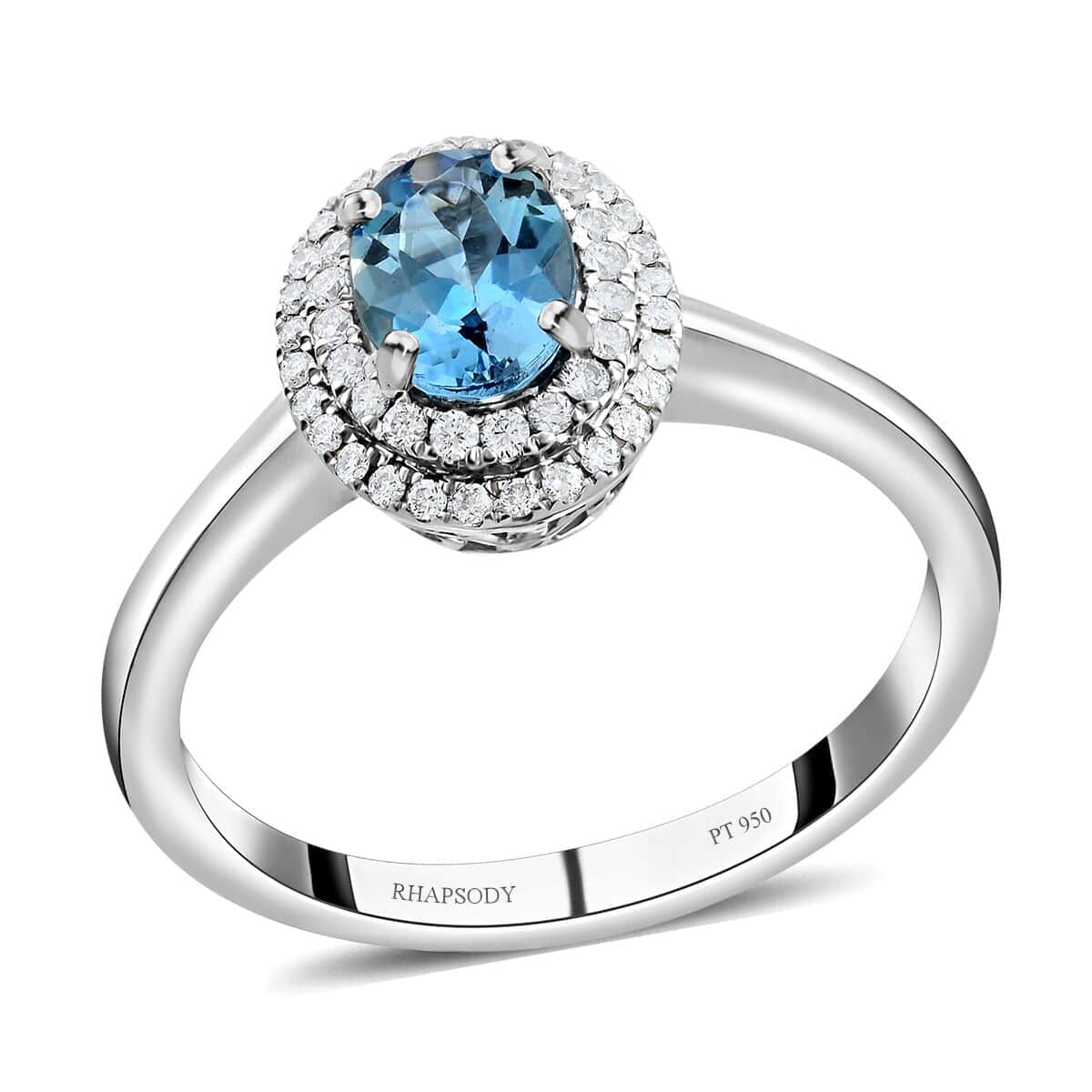 Blue Aquamarine White Diamond Oval 950 Platinum Halo Ring Size 10 Ct 0.86 E-F Color VS Clarity A88295