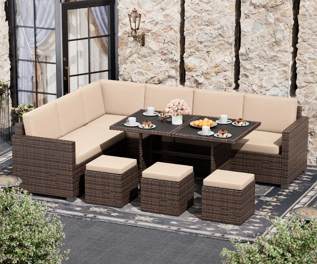 7 Piece PE Rattan Patio Sectional Sofa with Beige Cushions and Table A871