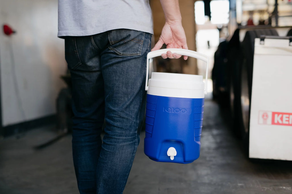 2-Gallon Blue Plastic Beverage Jug with Hooks W54337