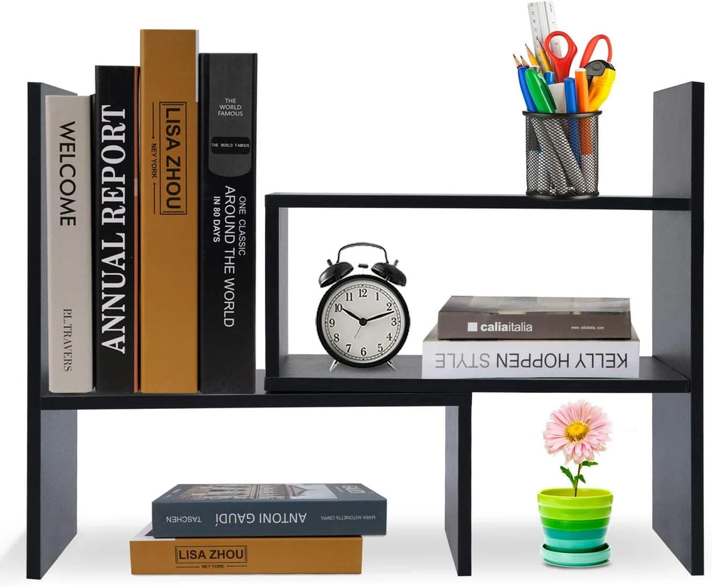 Wood Adjustable Desktop Storage Organizer Shelf Rack, Black L273