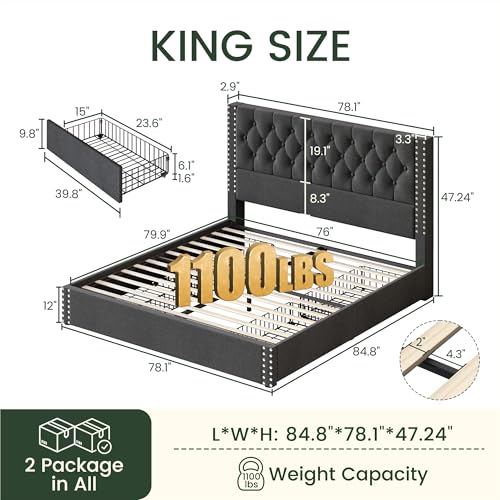 King Size Linen Upholstered Bed Frame with 4 Storage Drawers F53934