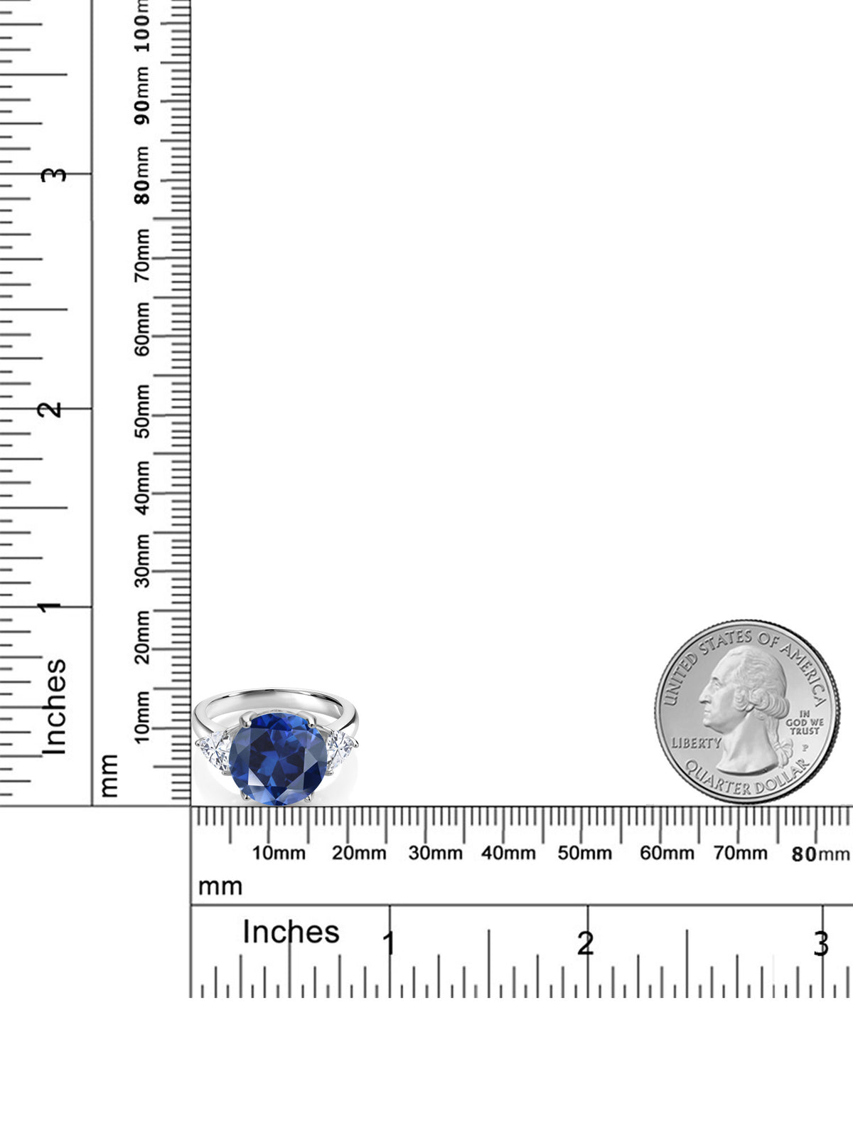 925 Sterling Silver Blue Simulated Sapphire and White Moissanite 3-Stone Ring F14105