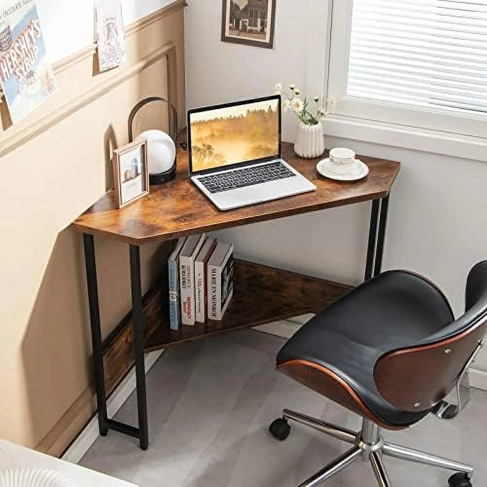 Industrial Corner Desk with Power Outlet Shelves Metal Frame Wood K133055