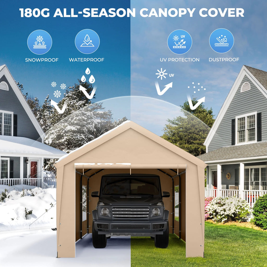 12 x 20 ft Heavy Duty Steel Carport Canopy with Window, Beige F9663