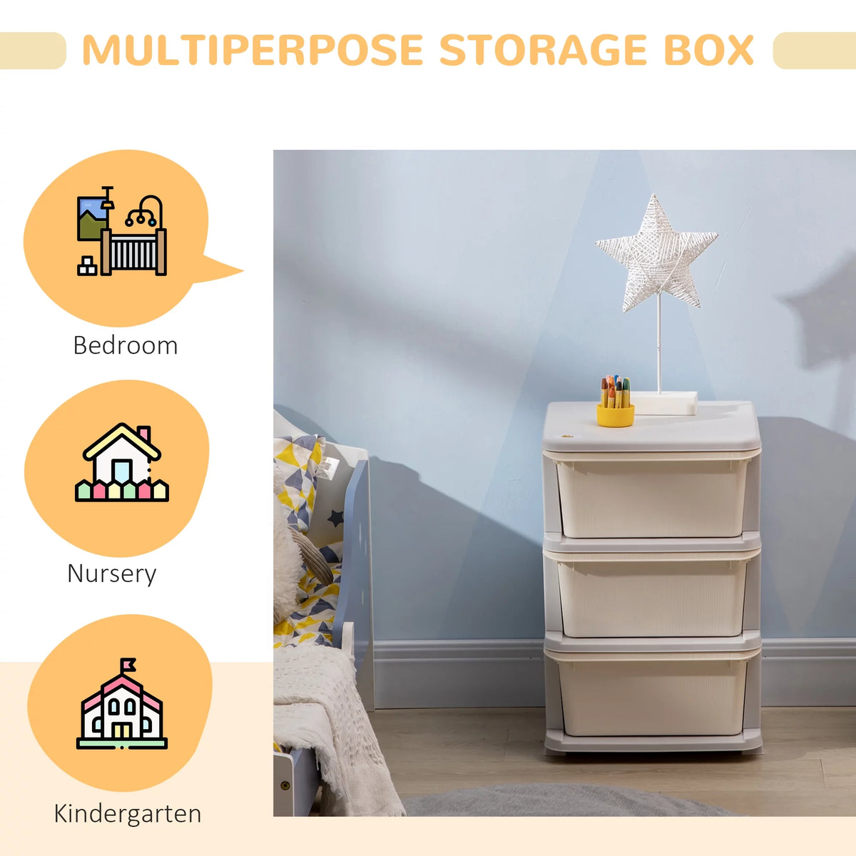 3 Tier Kids Storage Unit Dresser Tower Cream White F433