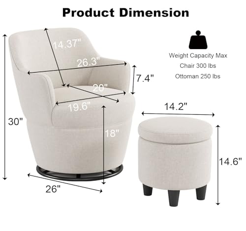 Beige Cotton Linen Upholstered Swivel Chair with Storage Ottoman M850053