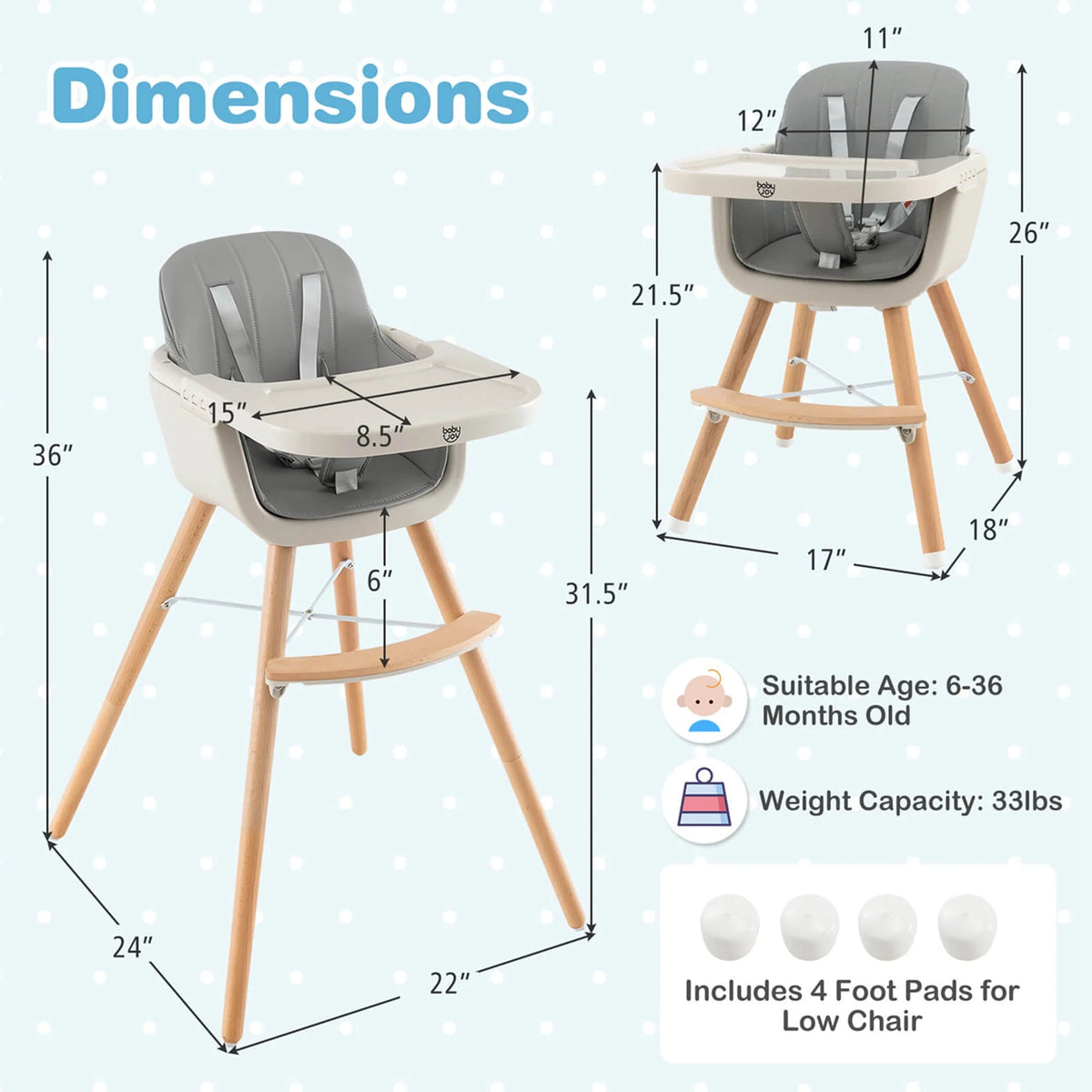 3 in 1 Convertible Wooden High Chair Beige W353131