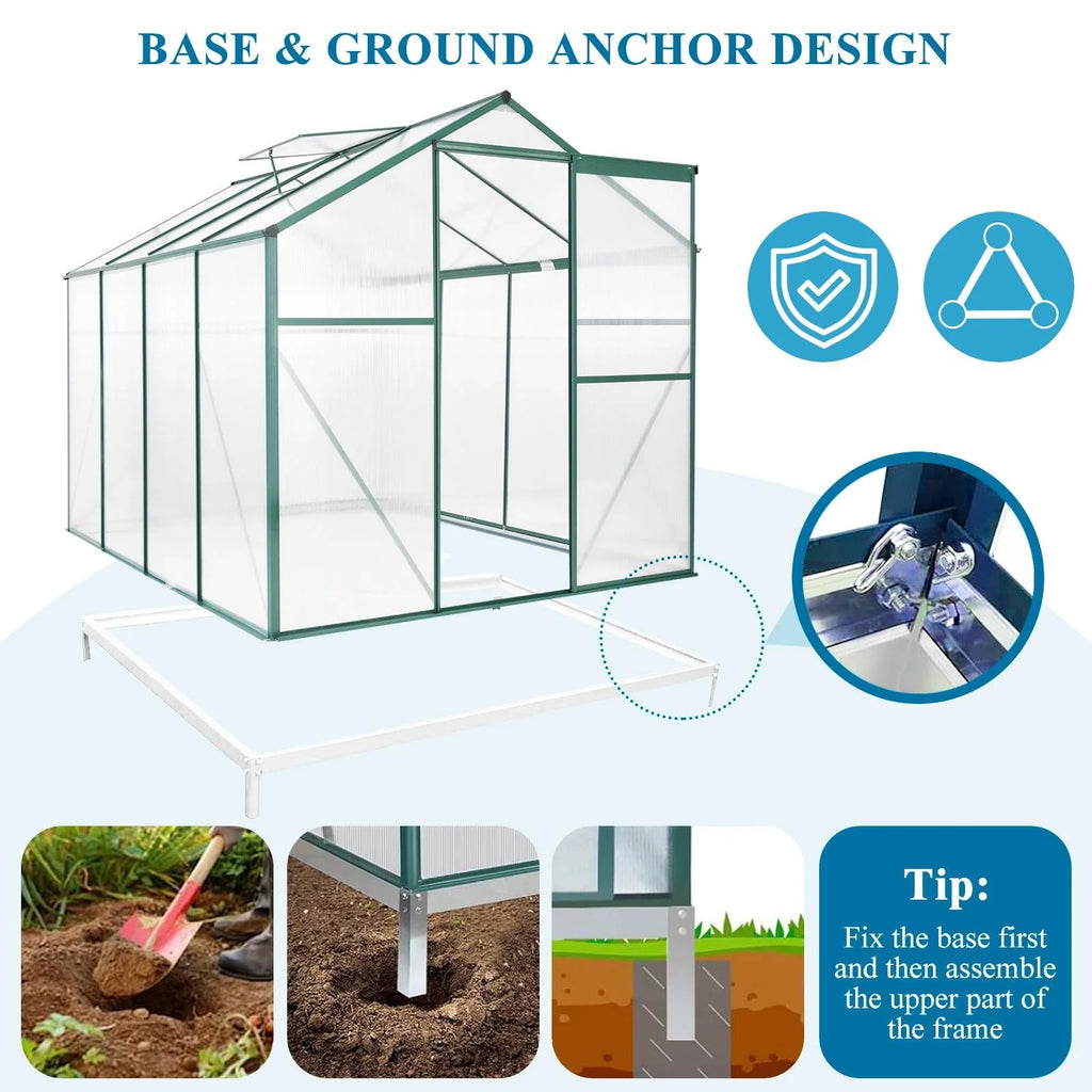 8x6FT Polycarbonate Walk in Greenhouse with Window & Sliding Door X432260