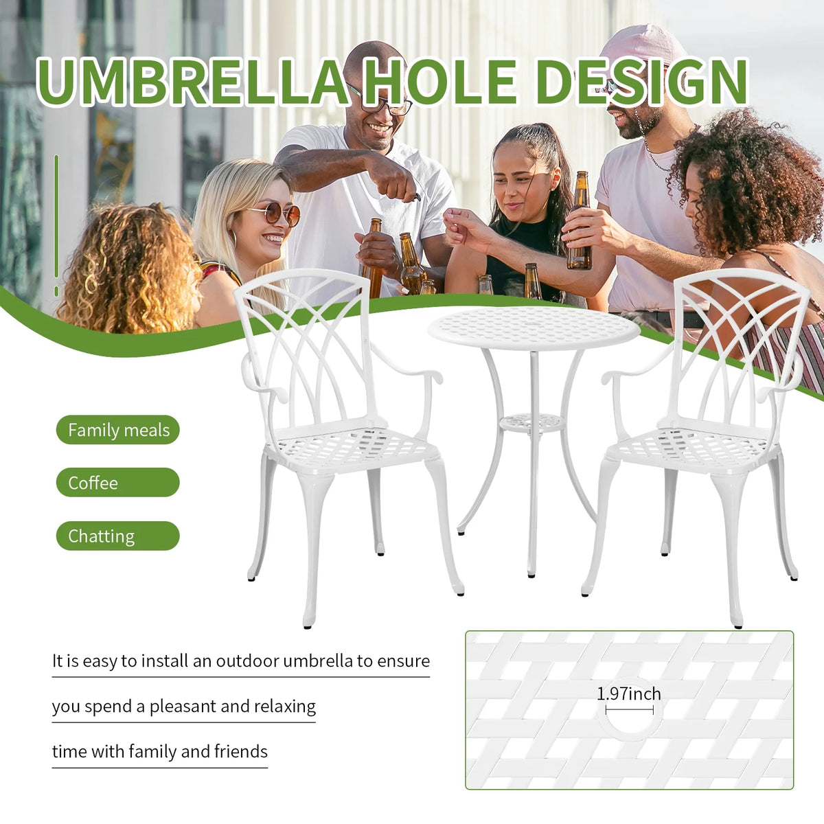 White Bistro Set with Umbrella Hole Cast Aluminum E95792