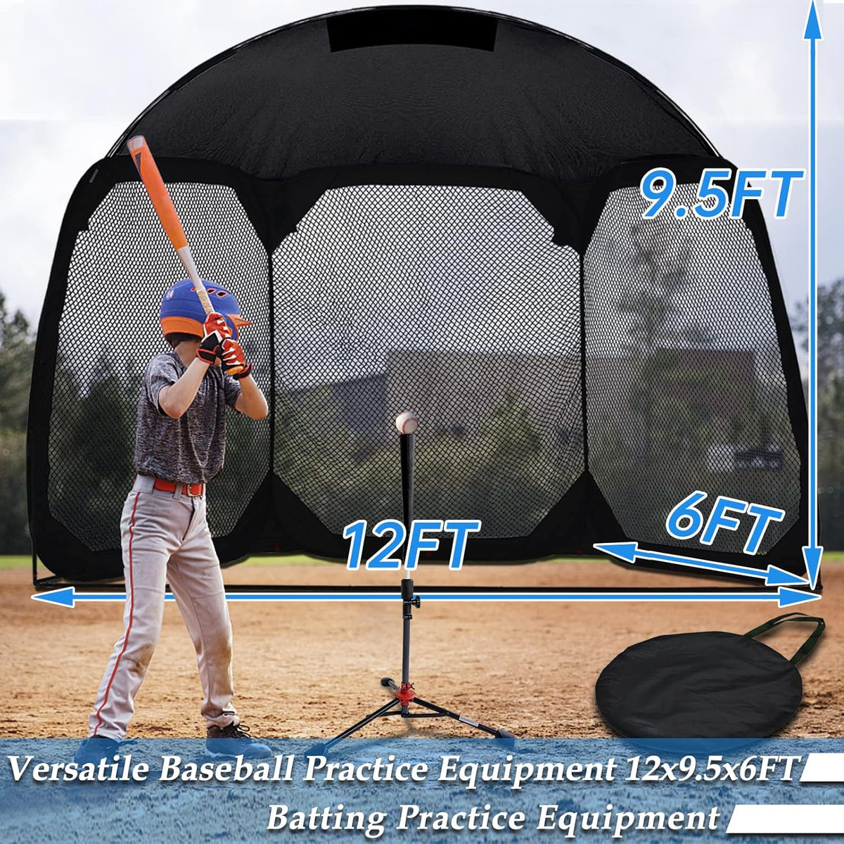 12 X6 X9.5FT Portable Baseball Batting Net with Carry Bag P53403