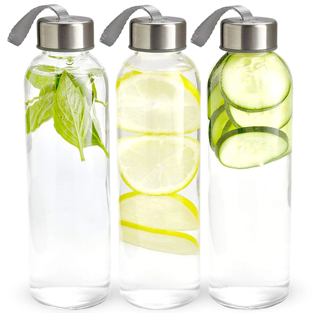 Glass Water Bottle with Lids and Sleeves, 18 oz Pack of 6 A51300