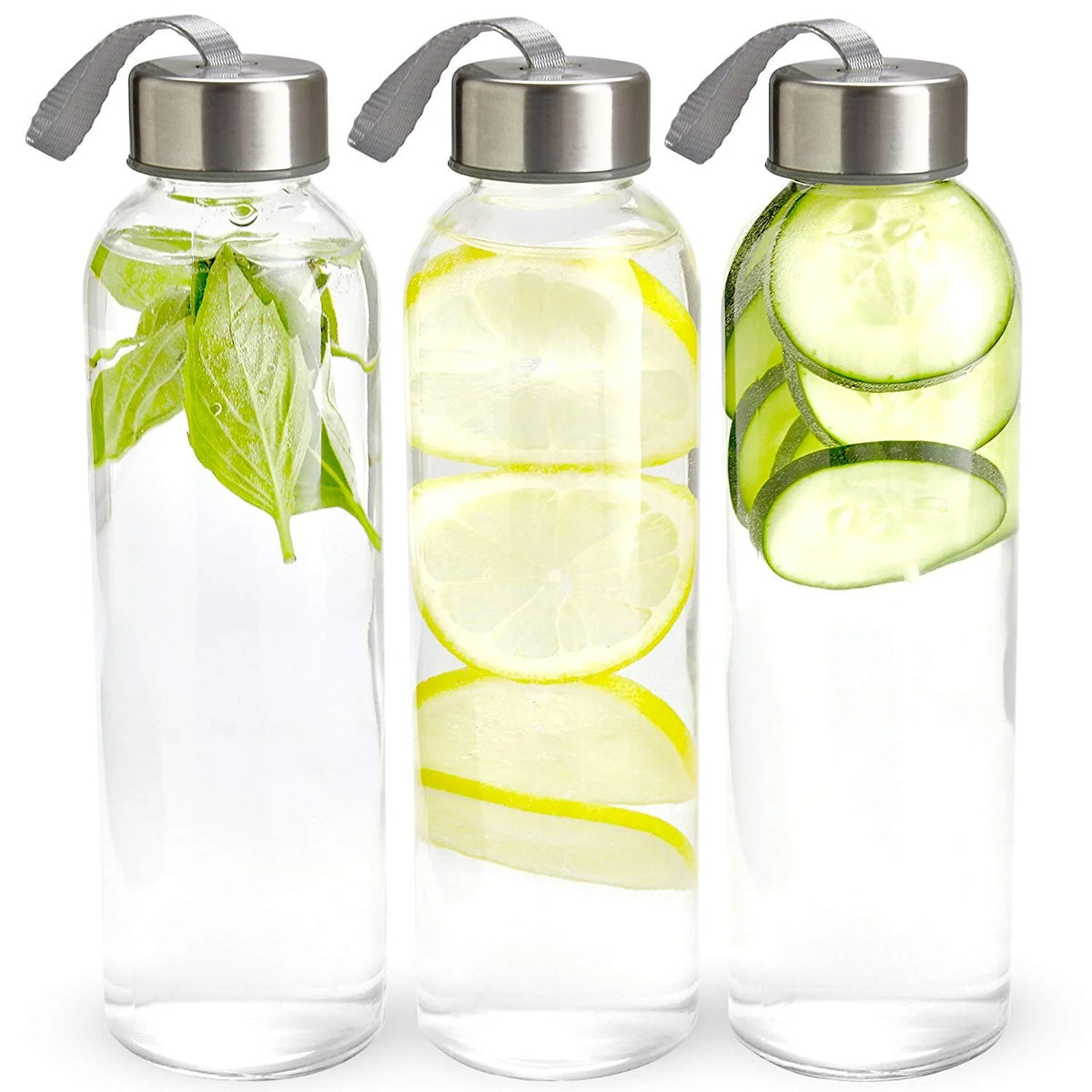 Glass Water Bottle with Lids and Sleeves, 18 oz Pack of 6 A51300