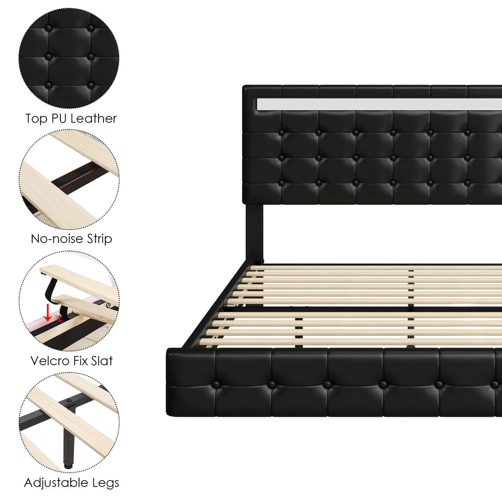 White Queen Floating LED Platform Bed with Storage G16950