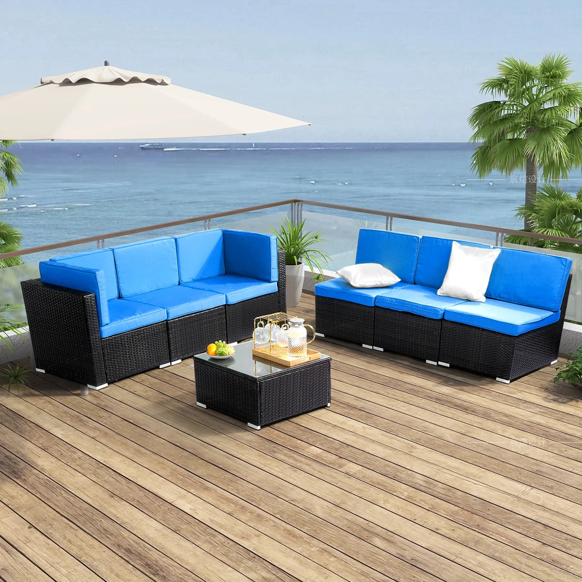 Blue and Black PE Rattan Patio Sectional Set with Table G580