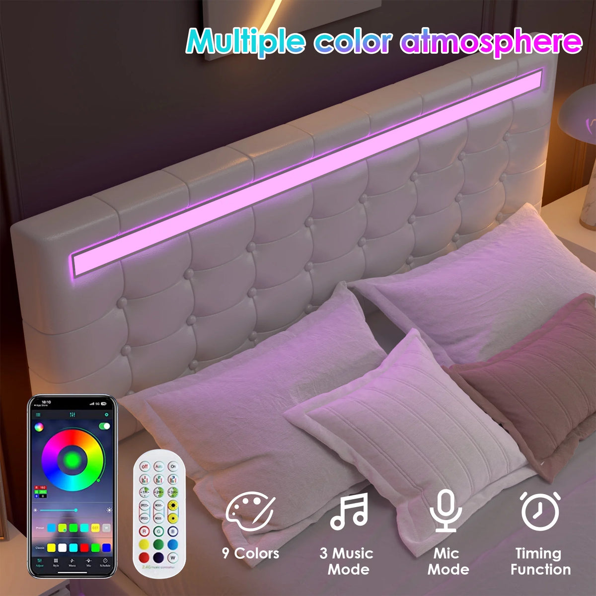 White Queen Floating LED Platform Bed with Storage G16950