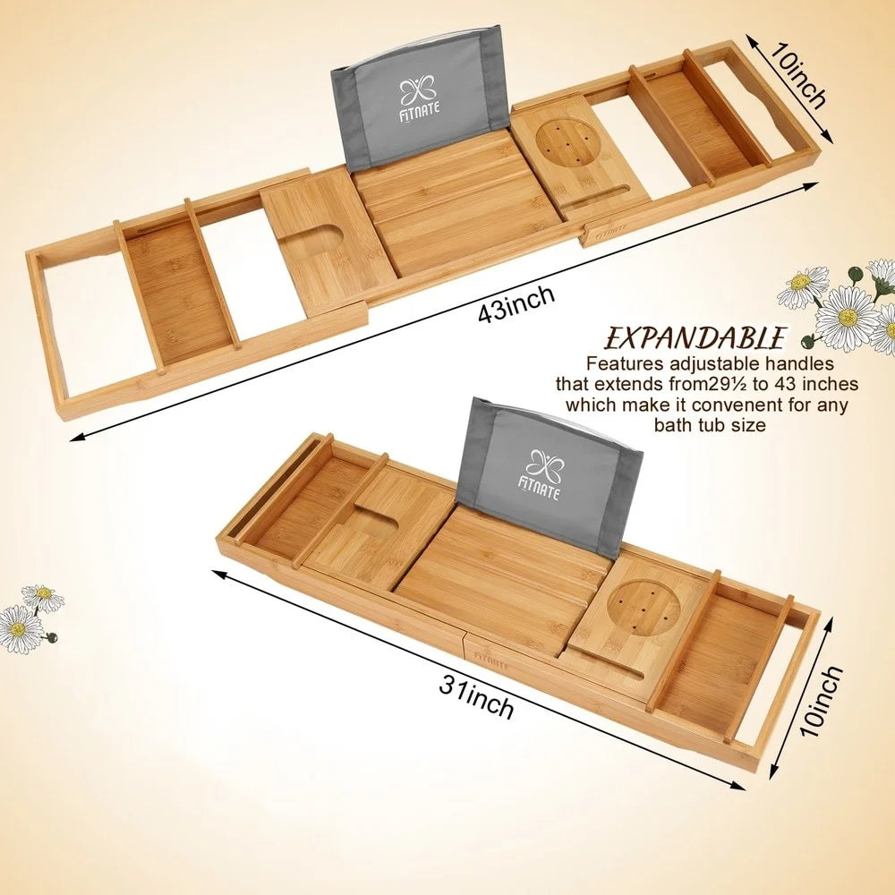 Wooden Bathtub Tray Caddy with Wine Glass Slot, Phone Tray, Book Holder, Candle Slot, Non-Slip, Bamboo, Body Brush O3443