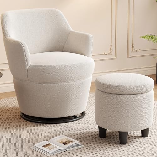 Beige Cotton Linen Upholstered Swivel Chair with Storage Ottoman M850053