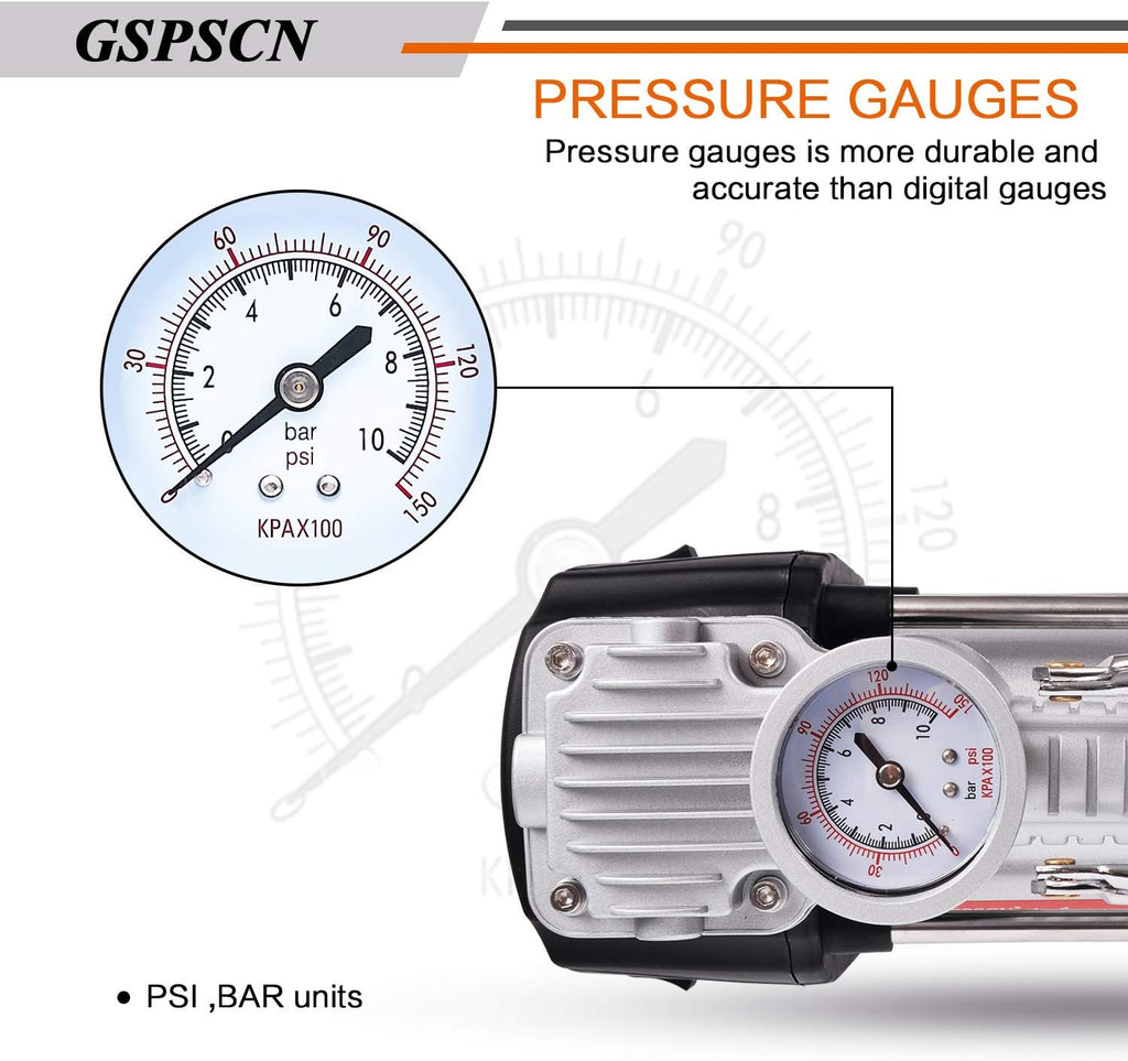 Portable Tire Inflator Double Cylinder Air Compressor Pump with LED Light, 150 PSI Metal Tire Pump with Locking Air Chuck B13003