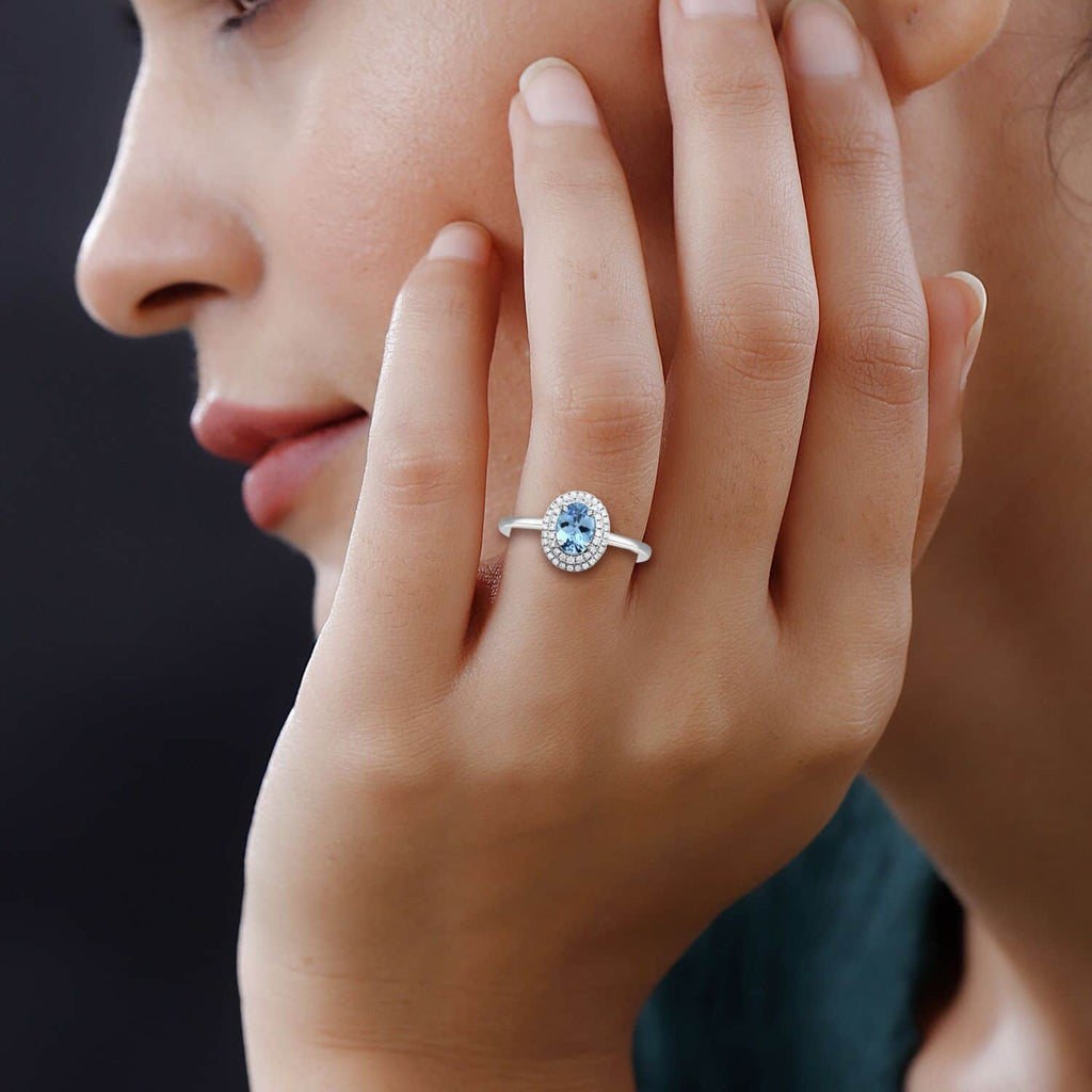 Blue Aquamarine White Diamond Oval 950 Platinum Halo Ring Size 10 Ct 0.86 E-F Color VS Clarity A88295