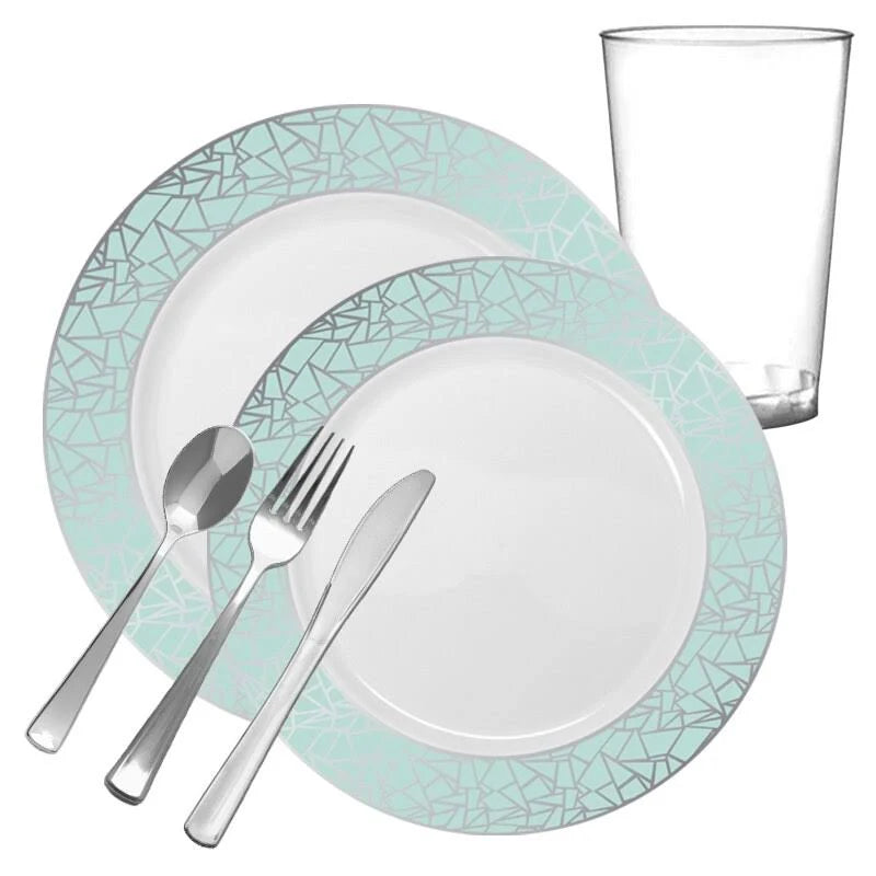 60 Settings White Turquoise Blue Silver Mosaic Rim Round Plastic Wedding Value Set Q592