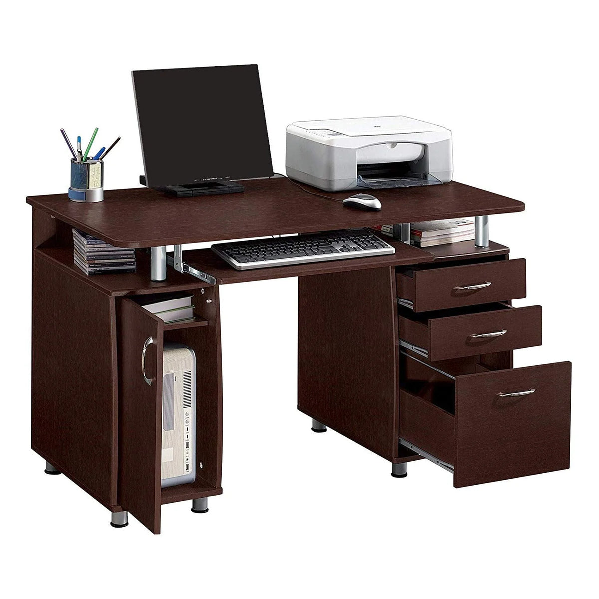 Brown Computer Desk with 3 Drawers Bookcase W23278