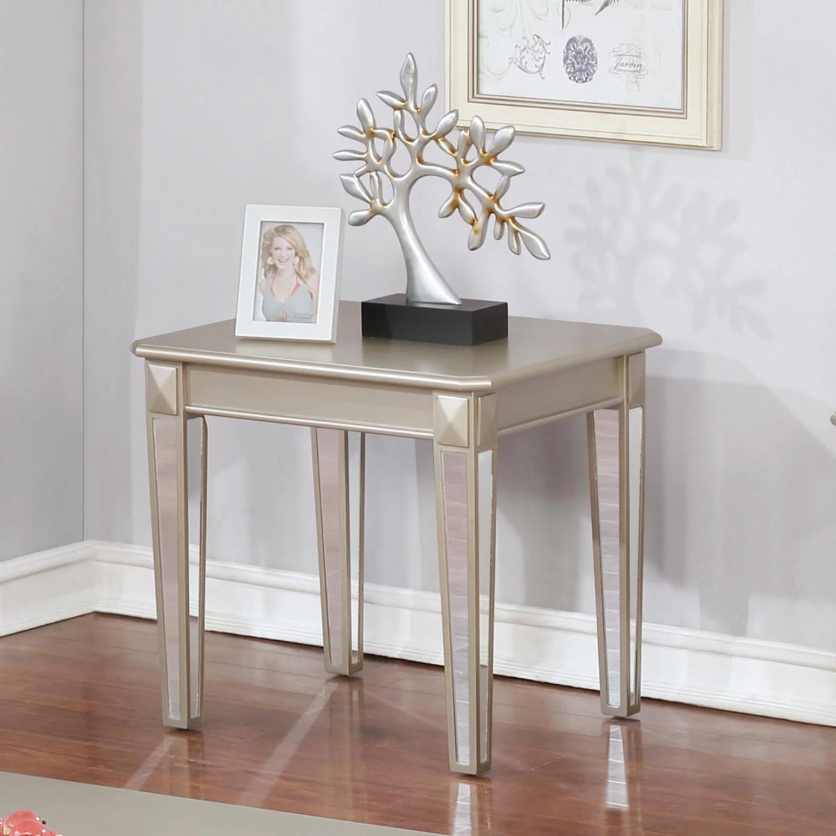 Contemporary Wood End Table with Mirrored Legs Q29524