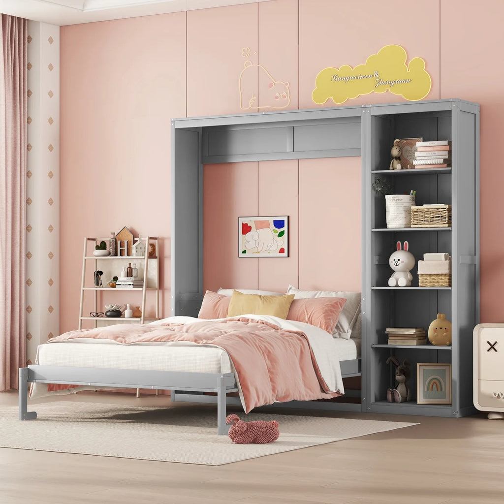 Full Size Gray Murphy Bed with Side Bookshelf C9118