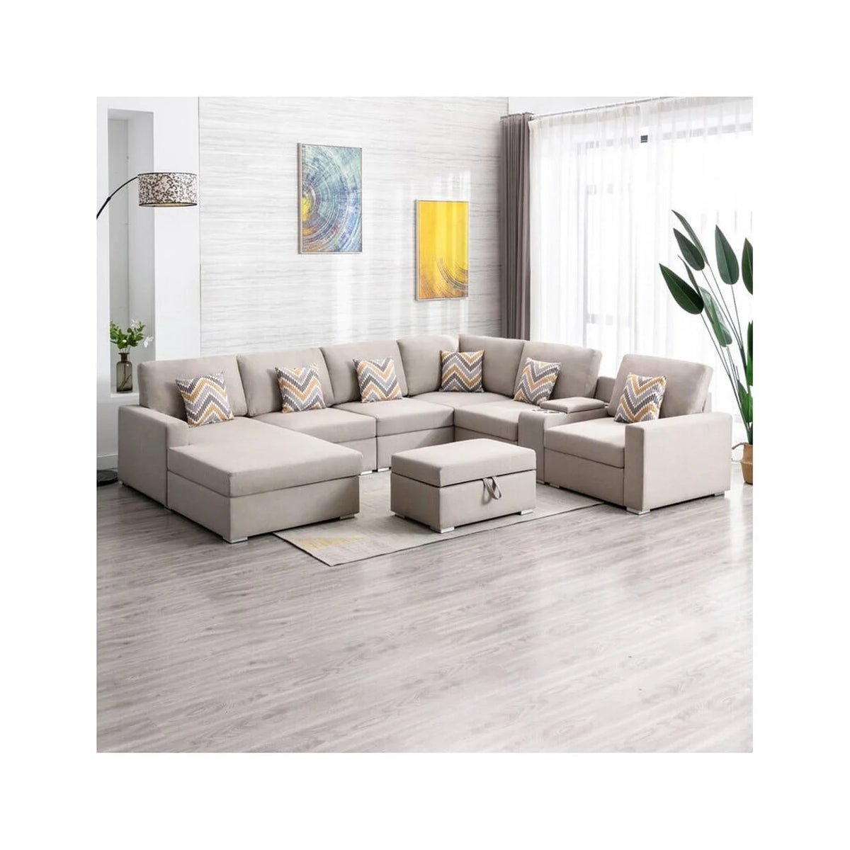 Linen Fabric 8Pc Reversible Chaise Sectional Sofa C11353