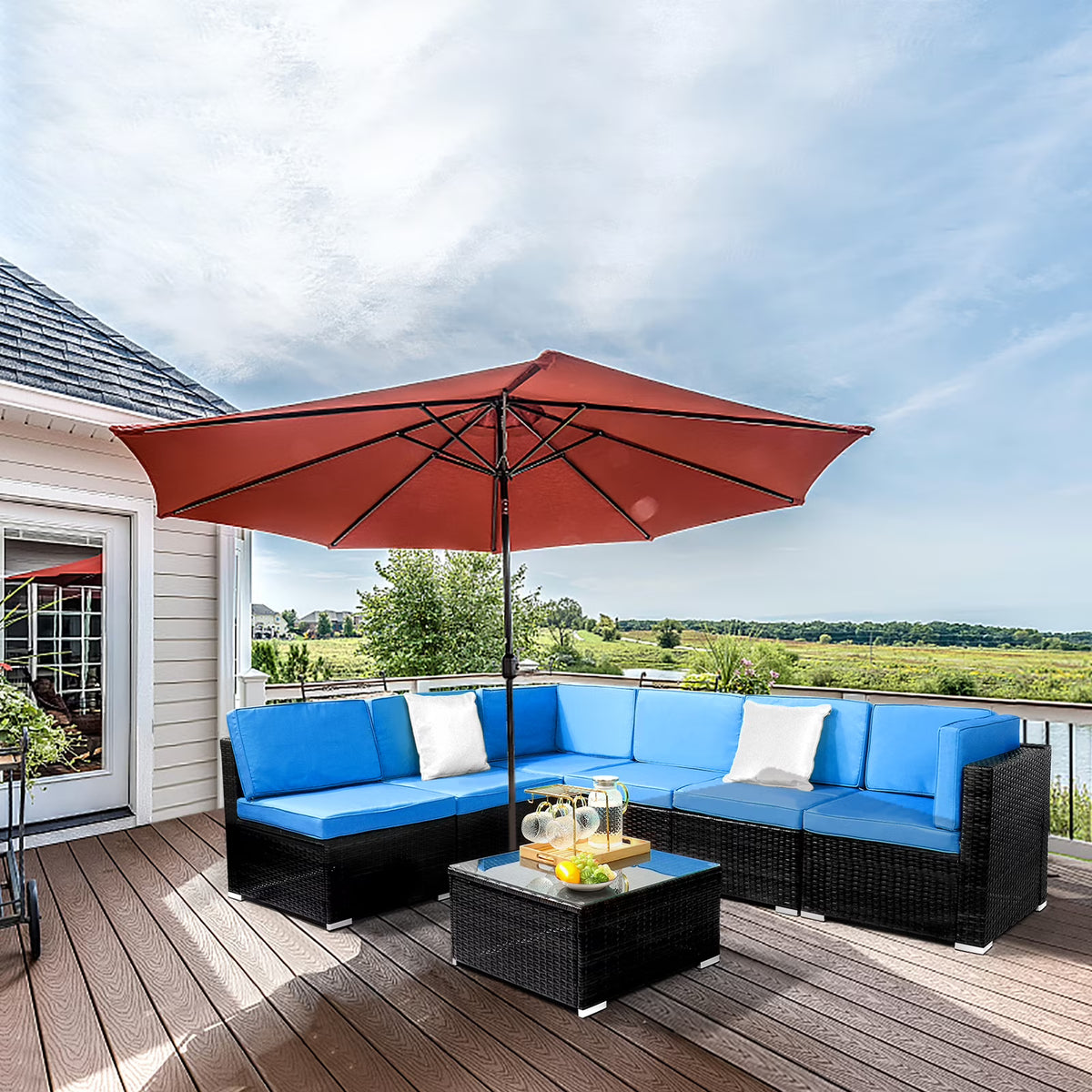 Blue and Black PE Rattan Patio Sectional Set with Table G580