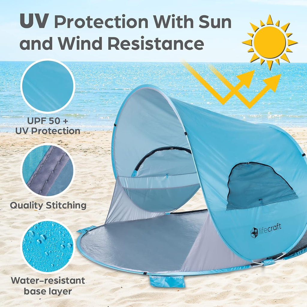 Blue Pop Up Beach Tent 3 4 Person Sun Shelter with UPF 50+ UV Protection R6356