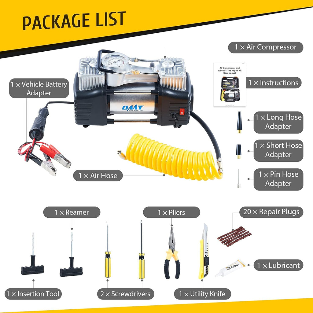 Double Cylinder Tire Inflator 30pc Tire Repair Kit 12V 150psi Air Compressor Pressure Gauge Heavy Duty Tools Pack of 2 J580817